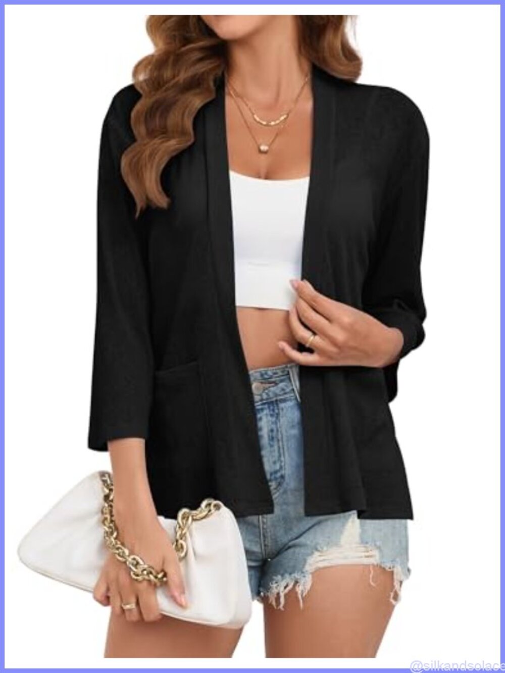 Womens Lightweight Open Front Cardigan 3/4 Sleeve High Low Hem with Pockets